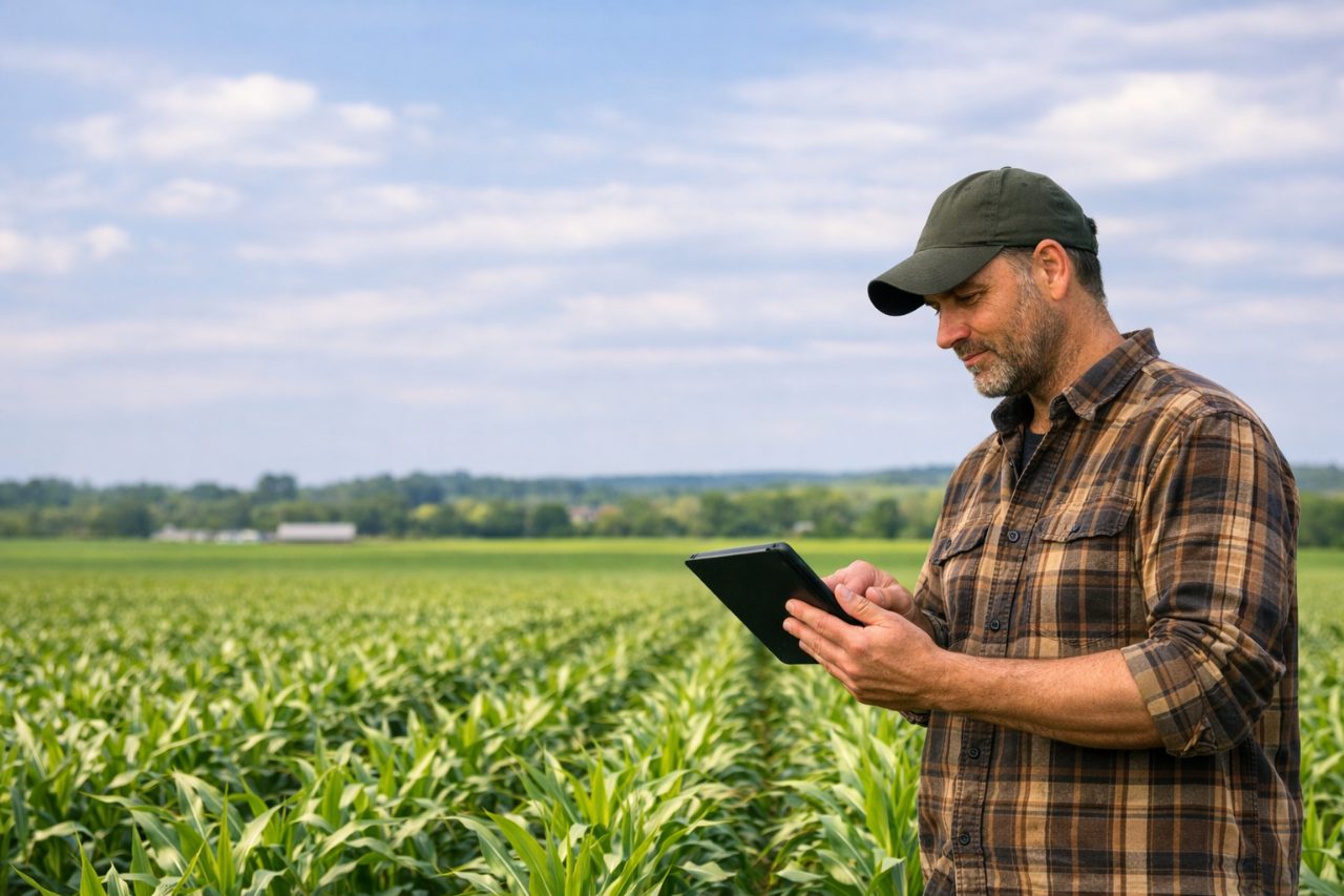 Grower reviewing farm records on a tablet in the field